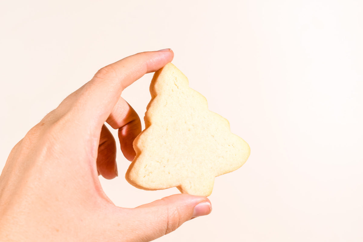 A hand holding a small, tree-shaped sugar cookie against a plain, light off-white background.