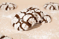 Chocolate crinkle cookies dusted with powdered sugar, arranged on a beige surface with a few more cookies blurred in the background.