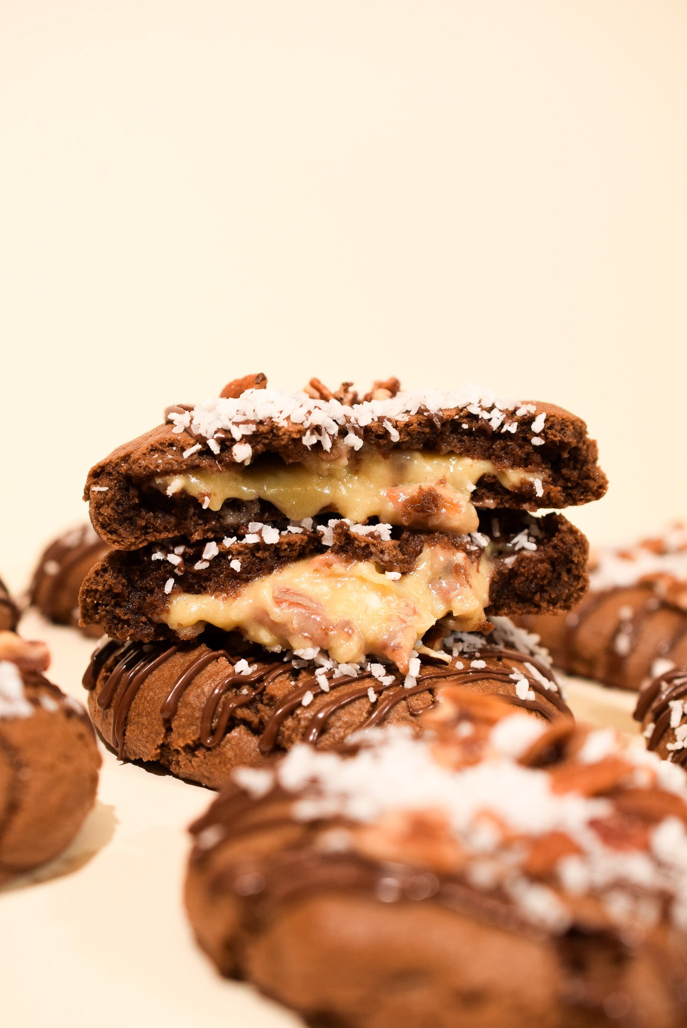 German Chocolate Cookies on a cream background.