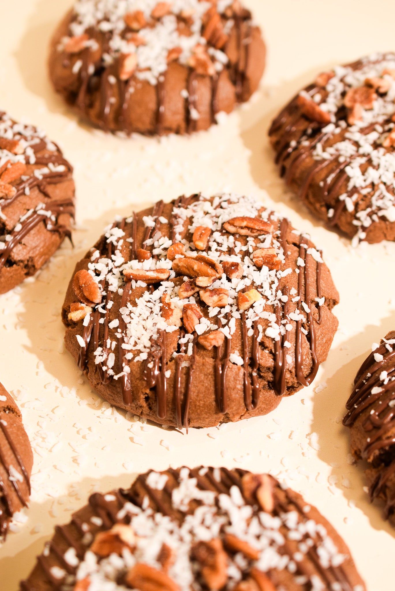 German Chocolate Cookies on a cream background.